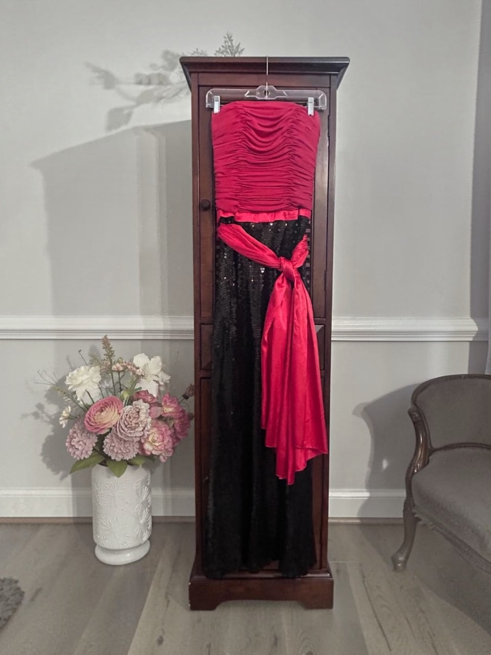 Tiffany Designs Red & Black Sequin Strapless Gown with Detachable Satin Sash 8